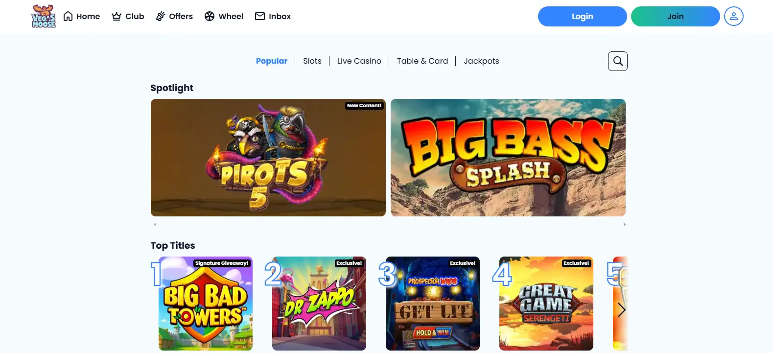 Vegas Moose game lobby with category navigation and game tiles