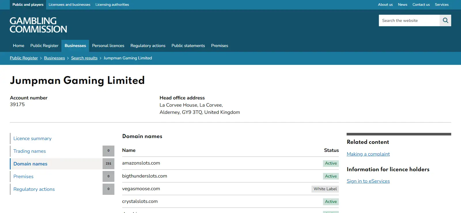 Gambling Commission register entry for Jumpman Gaming Limited and vegasmoose.com