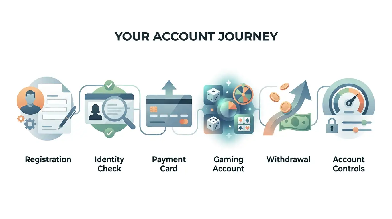 Illustration of the Vegas Moose account journey from registration to account management