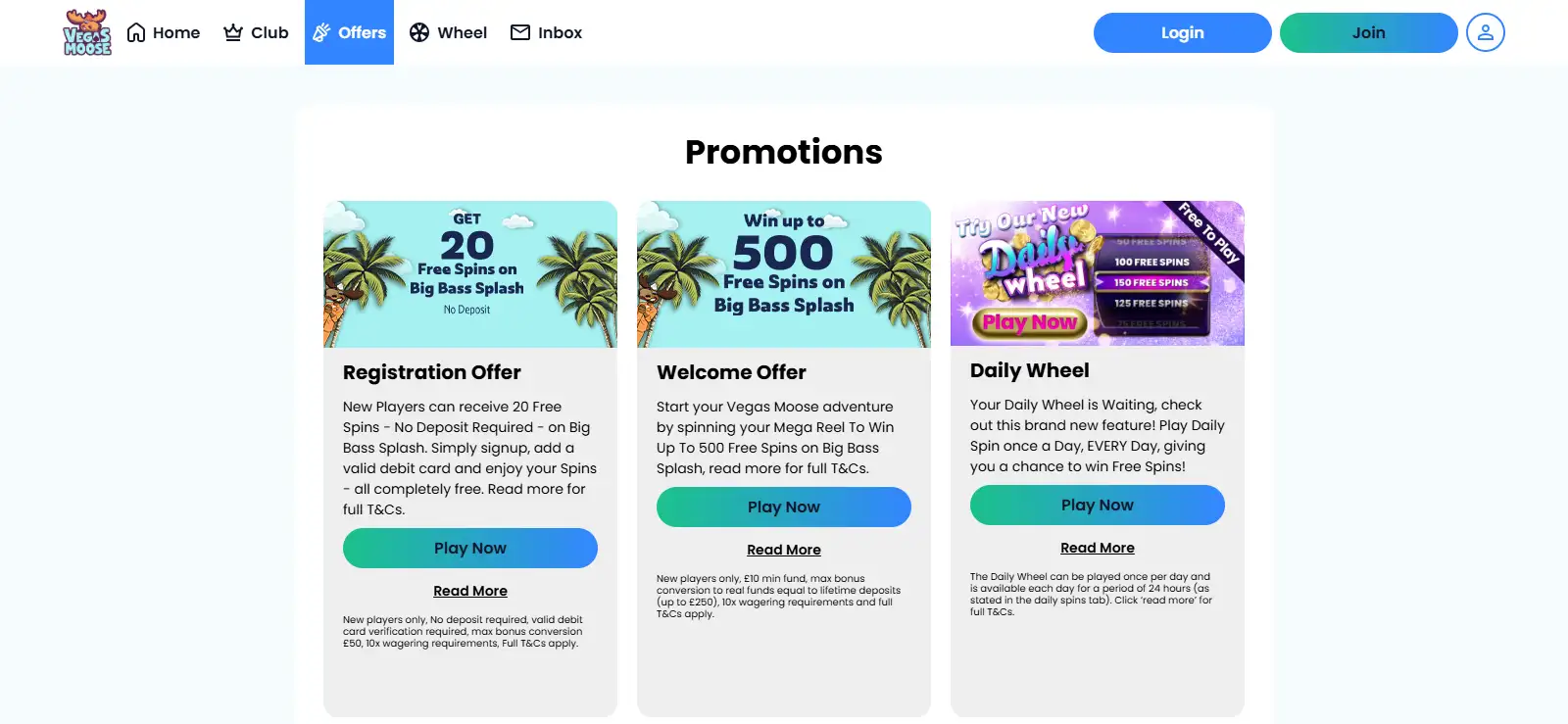 Vegas Moose Promotions page with welcome-offer cards
